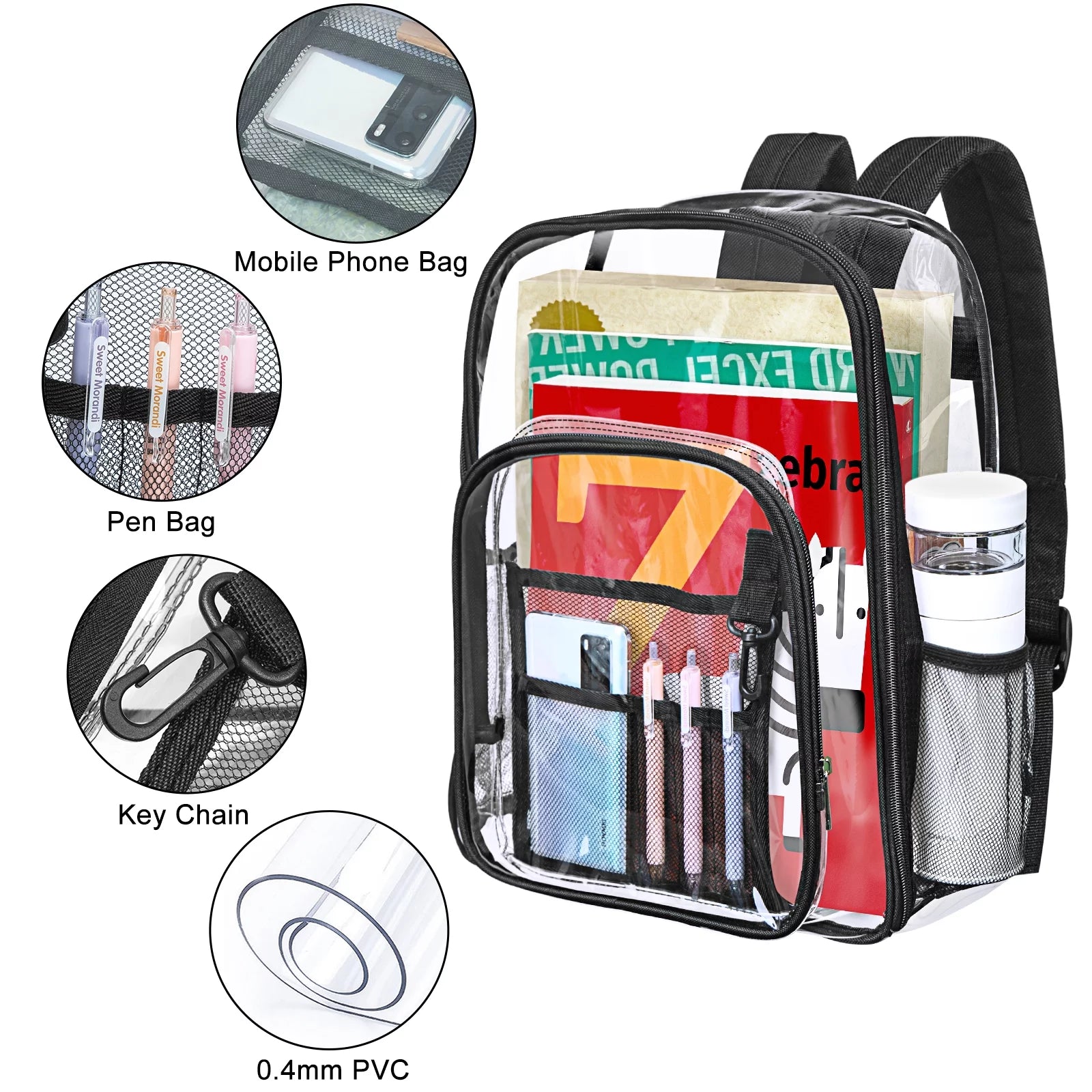 Heavy Duty Clear Backpacks Large Capacity Transparent Waterproof Backpacks for School Stadium College ,Black